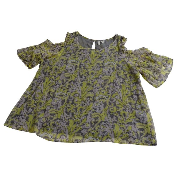Cato Gray Yellow Cold Shoulder Top Ruffle Short Sleeves Women Size L Lined - Picture 1 of 10